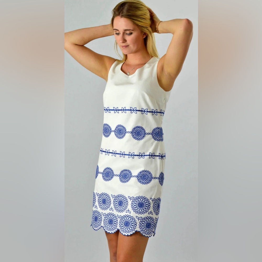 BODEN White Blue Embroidered Scalloped Hem Cotton Lined Sleeveless Dress 16L